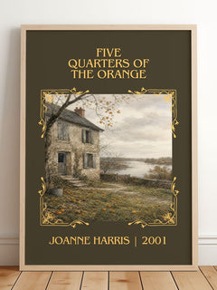 Five quarters of the orange Classic Book Art Print by Joanne Harris – framed print leaning on a wooden floor