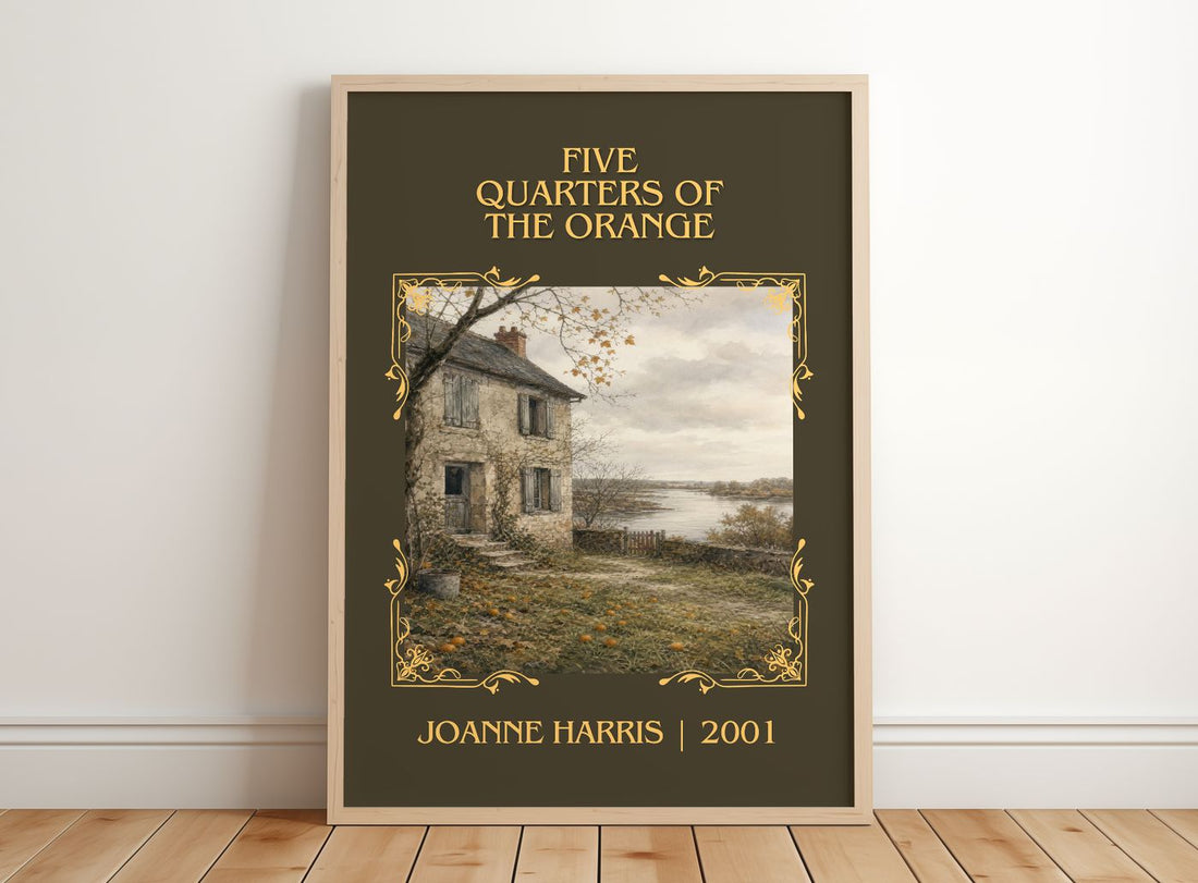 Five quarters of the orange Classic Book Art Print by Joanne Harris – framed print leaning on a wooden floor
