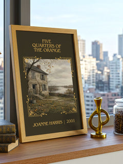 Five quarters of the orange Classic Book Art Print by Joanne Harris – framed print on a city-view windowsill