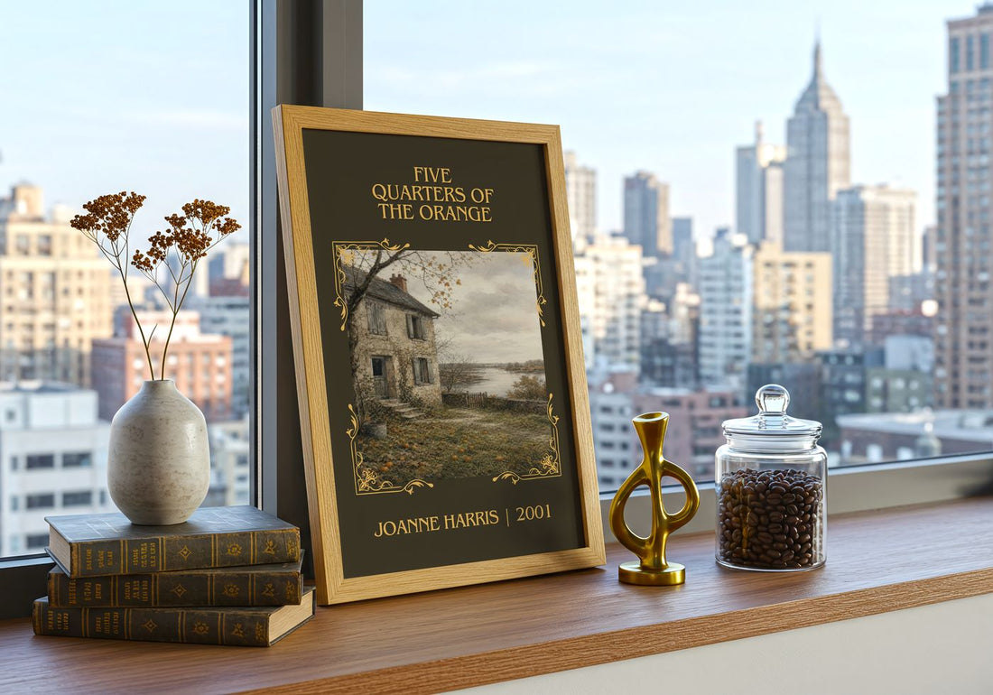 Five quarters of the orange Classic Book Art Print by Joanne Harris – framed print on a city-view windowsill