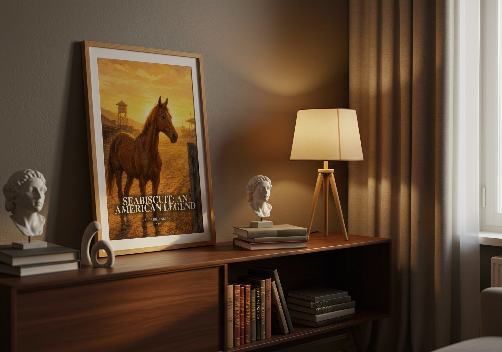 Seabiscuit: An American Legend watercolour print on bookshelf – Laura Hillenbrand fan gift