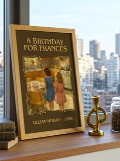 A birthday for Frances Classic Book Art Print by Lillian Hoban – framed print on a city-view windowsill