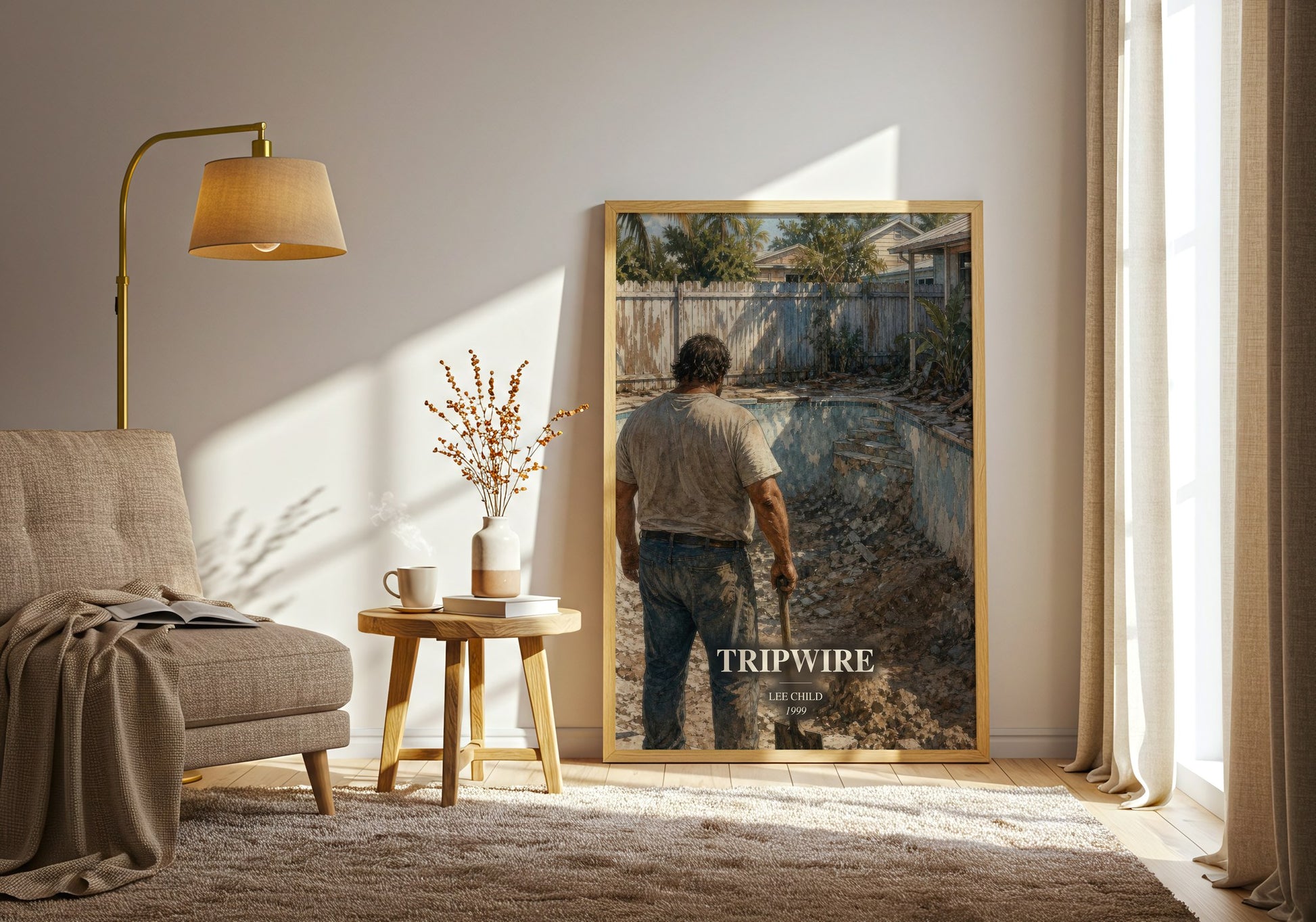 Tripwire watercolour print in frame leaning in hallway – thriller wall art