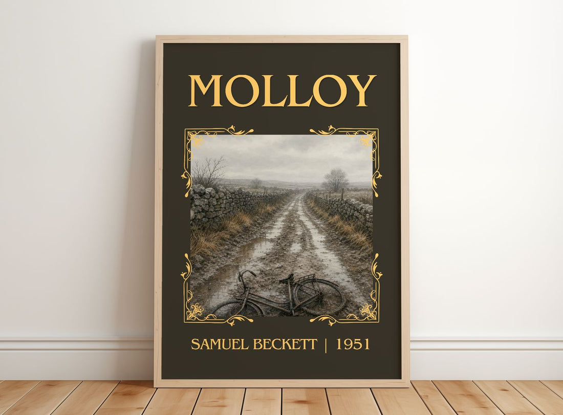 Molloy Classic Book Art Print by Samuel Beckett – framed print leaning on a wooden floor