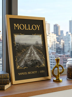 Molloy Classic Book Art Print by Samuel Beckett – framed print on a city-view windowsill