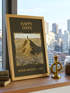 Happy days Classic Book Art Print by Samuel Beckett – framed print on a city-view windowsill