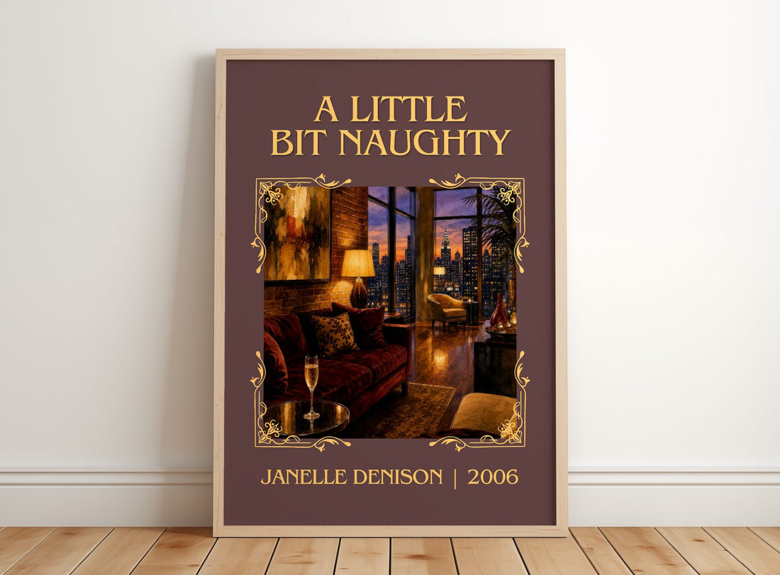 A Little Bit Naughty Classic Book Art Print by Janelle Denison – framed print leaning on a wooden floor