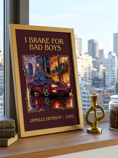 I brake for bad boys Classic Book Art Print by Janelle Denison – framed print on a city-view windowsill