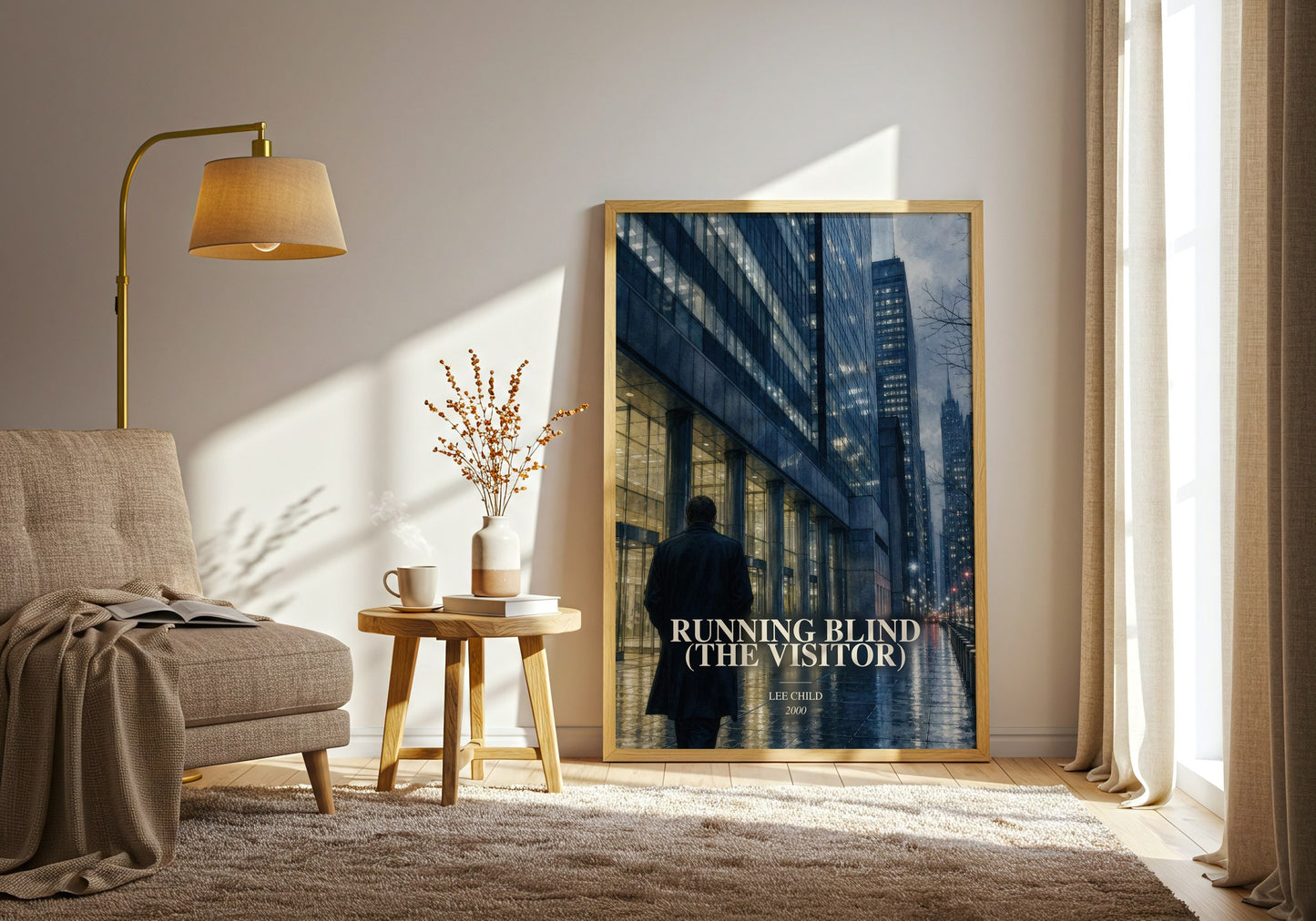 Running Blind (The Visitor) watercolour print in frame leaning in hallway – thriller wall art
