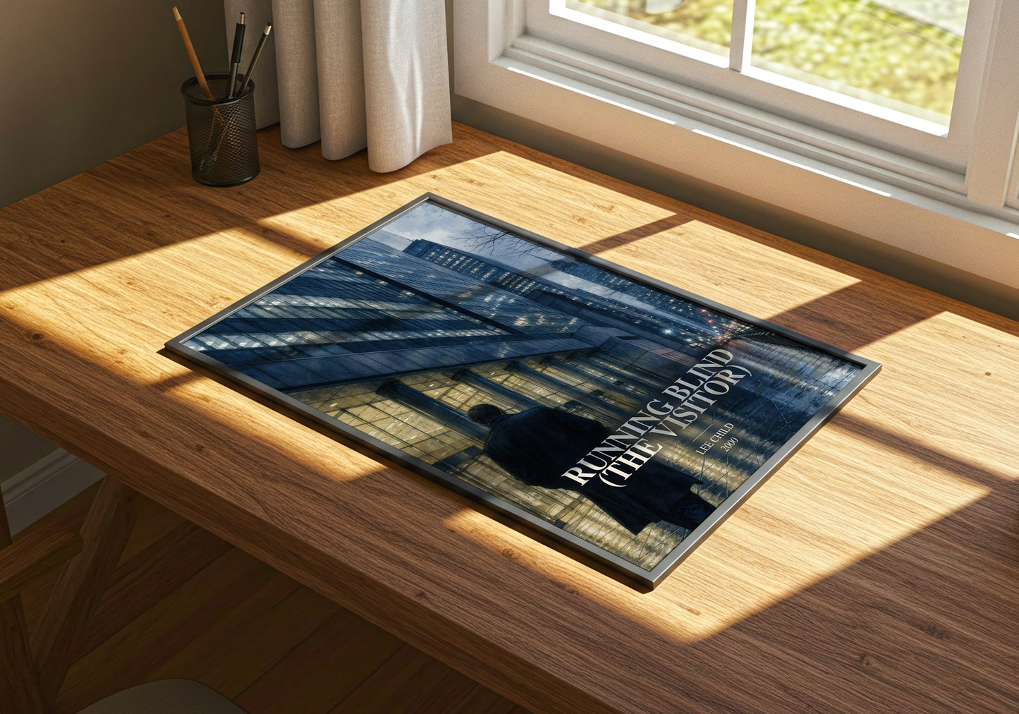 Running Blind (The Visitor) watercolour book poster framed on wall – thriller wall art