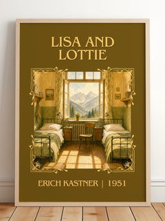 Lisa and Lottie Classic Book Art Print by Erich Kästner – framed print leaning on a wooden floor