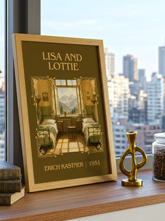 Lisa and Lottie Classic Book Art Print by Erich Kästner – framed print on a city-view windowsill