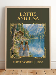 Lottie and Lisa Classic Book Art Print by Erich Kästner – framed print leaning on a wooden floor