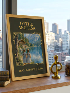 Lottie and Lisa Classic Book Art Print by Erich Kästner – framed print on a city-view windowsill