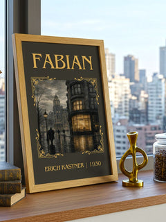 Fabian Classic Book Art Print by Erich Kästner – framed print on a city-view windowsill