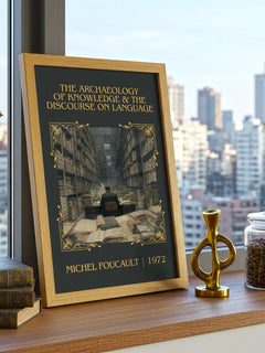 The archaeology of knowledge & The discourse on language Classic Book Art Print by Michel Foucault – framed print on a city-view windowsill