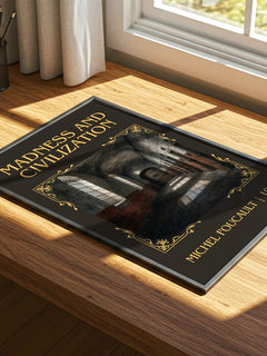 Madness and Civilization Classic Book Art Print by Michel Foucault – print on a sunlit desk