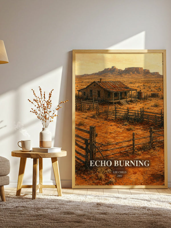 Echo Burning watercolour print in frame leaning in hallway – thriller wall art
