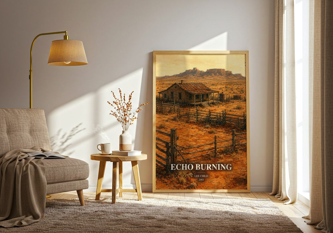 Echo Burning watercolour print in frame leaning in hallway – thriller wall art (mockup)