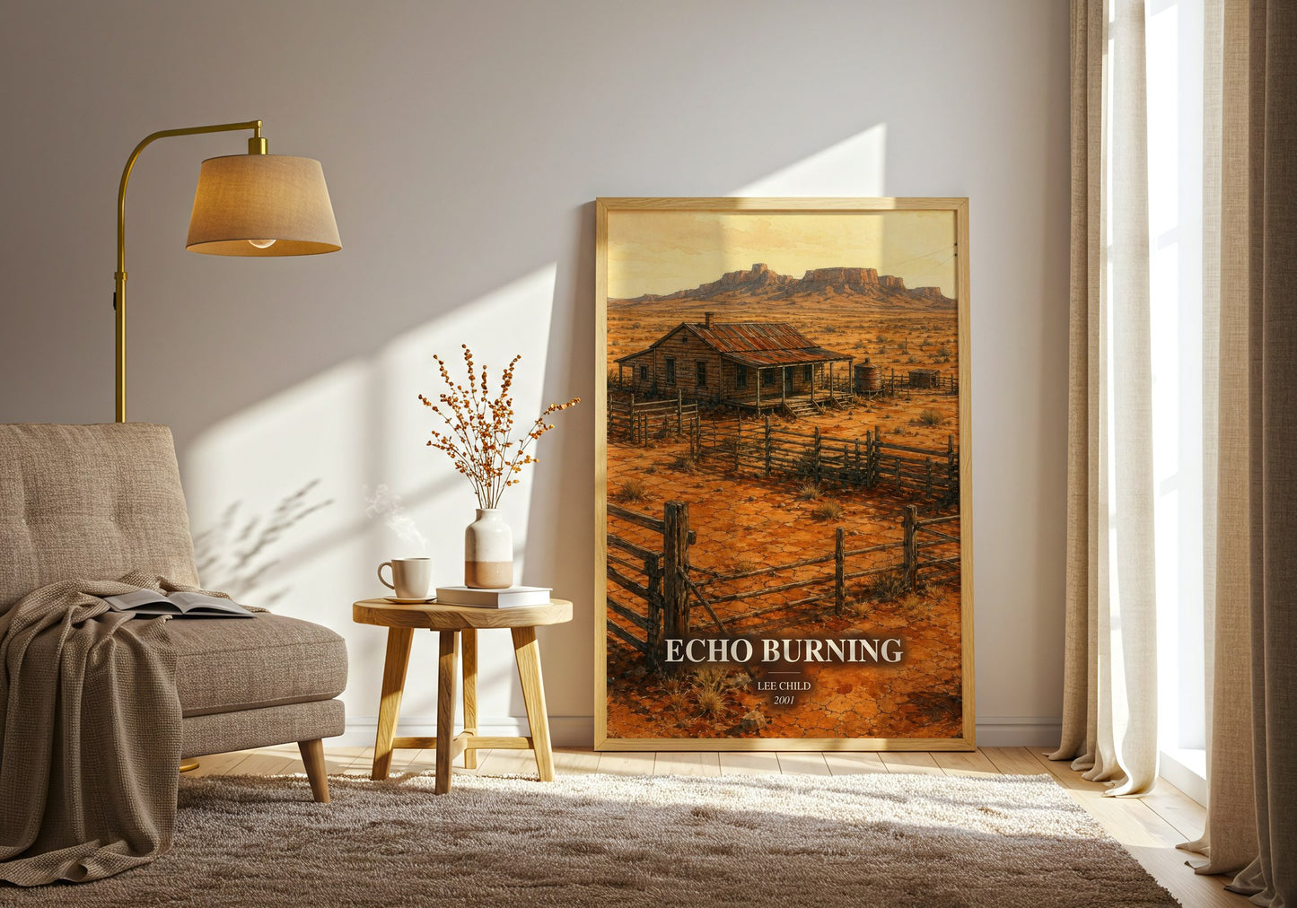 Echo Burning watercolour print in frame leaning in hallway – thriller wall art