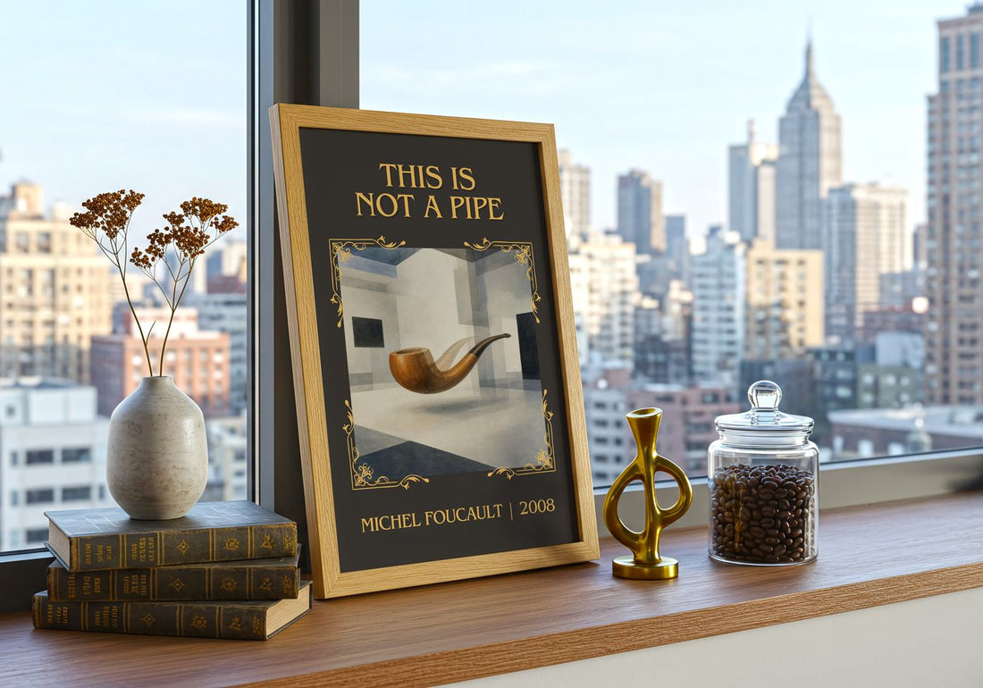 This Is Not a Pipe Classic Book Art Print by Michel Foucault – framed print on a city-view windowsill