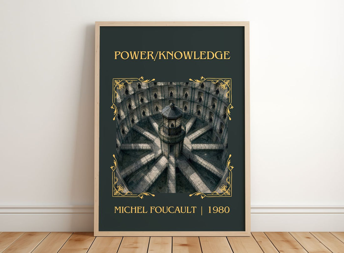 Power/knowledge Classic Book Art Print by Michel Foucault – framed print leaning on a wooden floor