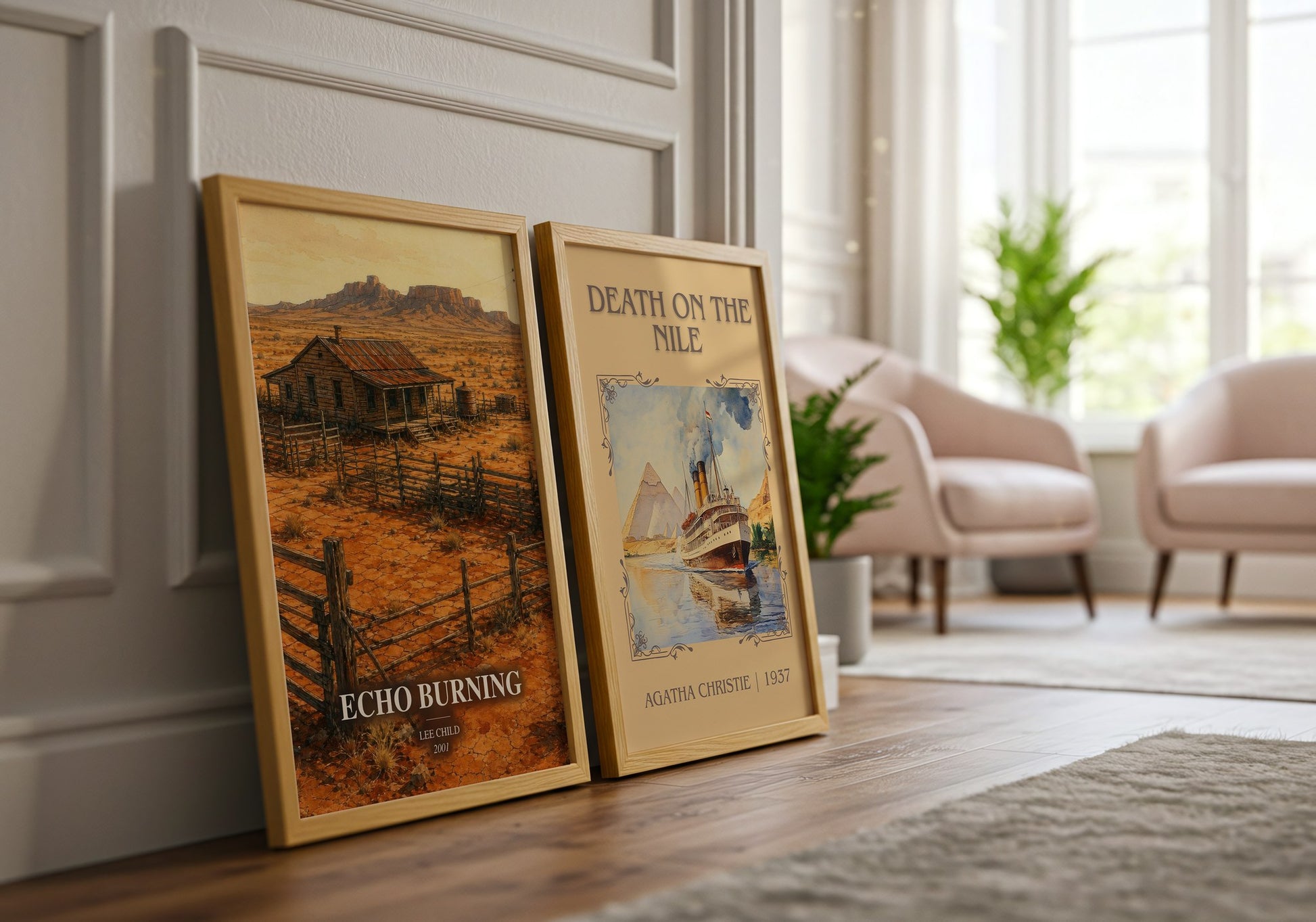 Echo Burning watercolour print framed by window – literary home decor