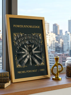 Power/knowledge Classic Book Art Print by Michel Foucault – framed print on a city-view windowsill