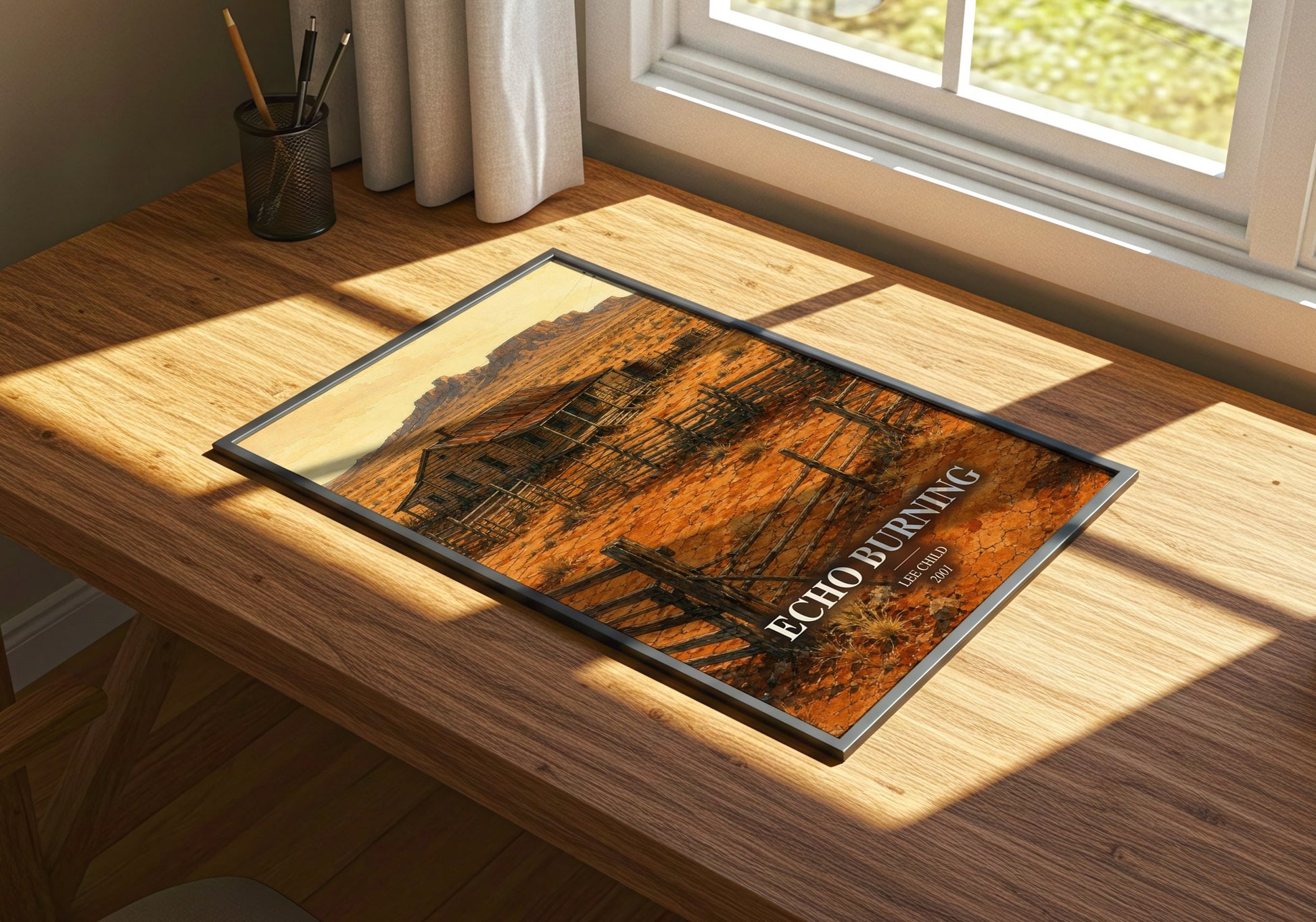 Echo Burning watercolour book poster framed on wall – thriller wall art
