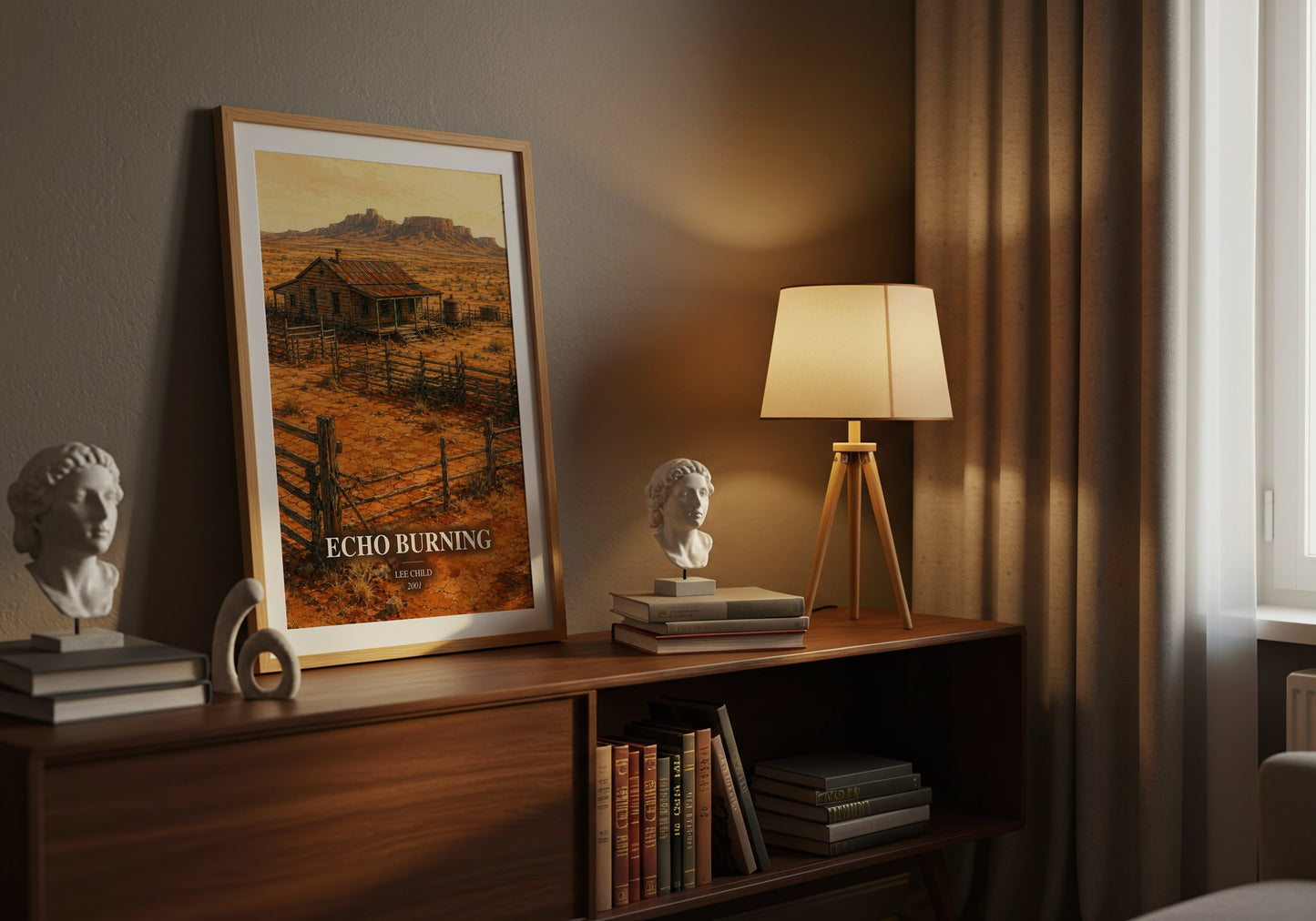 Echo Burning watercolour print on bookshelf – Lee Child fan gift