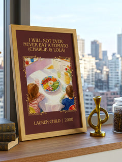 I Will Not Ever Never Eat a Tomato (Charlie & Lola) Classic Book Art Print by Lauren Child – framed print on a city-view windowsill