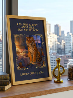 I Am Not Sleepy and I Will Not Go to Bed Classic Book Art Print by Lauren Child – framed print on a city-view windowsill