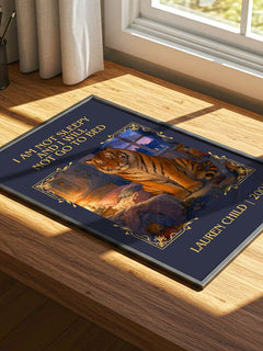 I Am Not Sleepy and I Will Not Go to Bed Classic Book Art Print by Lauren Child – print on a sunlit desk