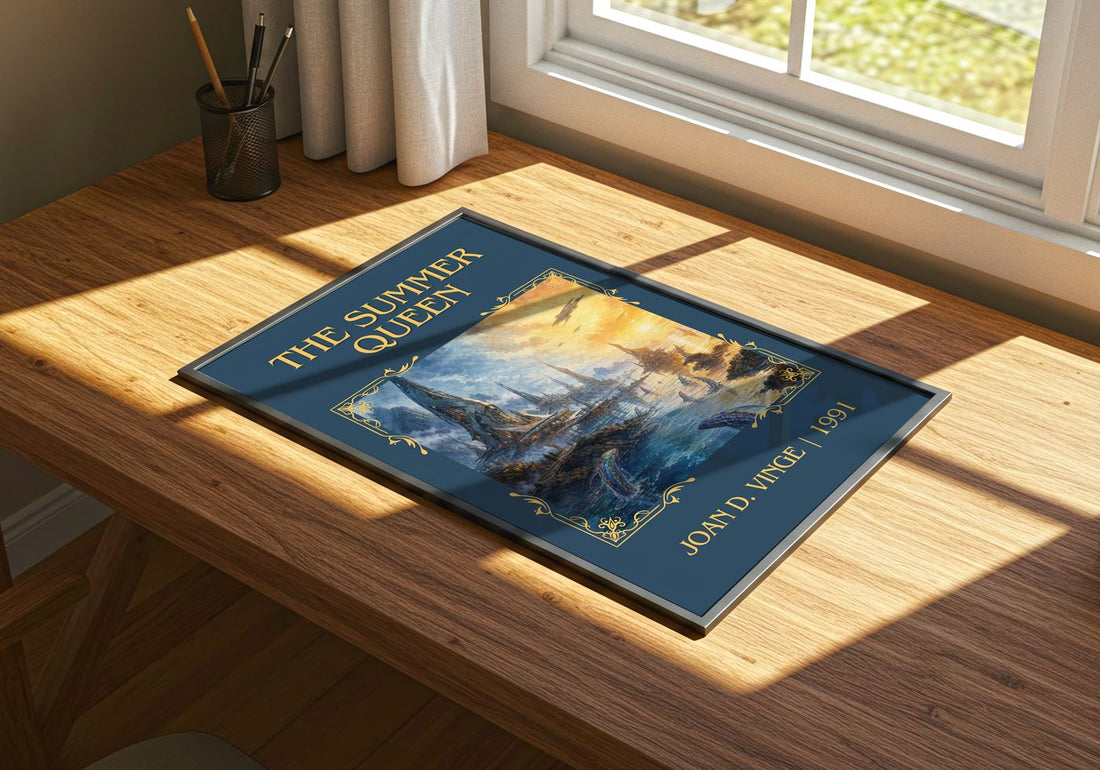 The Summer Queen Classic Book Art Print by Joan D. Vinge – print on a sunlit desk