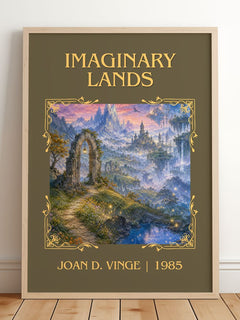 Imaginary Lands Classic Book Art Print by Joan D. Vinge – framed print leaning on a wooden floor