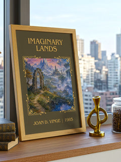 Imaginary Lands Classic Book Art Print by Joan D. Vinge – framed print on a city-view windowsill