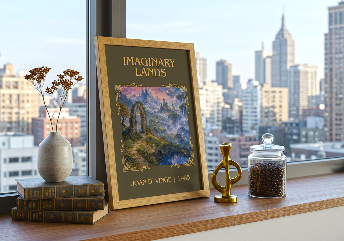 Imaginary Lands Classic Book Art Print by Joan D. Vinge – framed print on a city-view windowsill