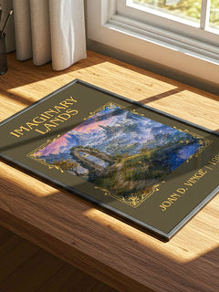 Imaginary Lands Classic Book Art Print by Joan D. Vinge – print on a sunlit desk