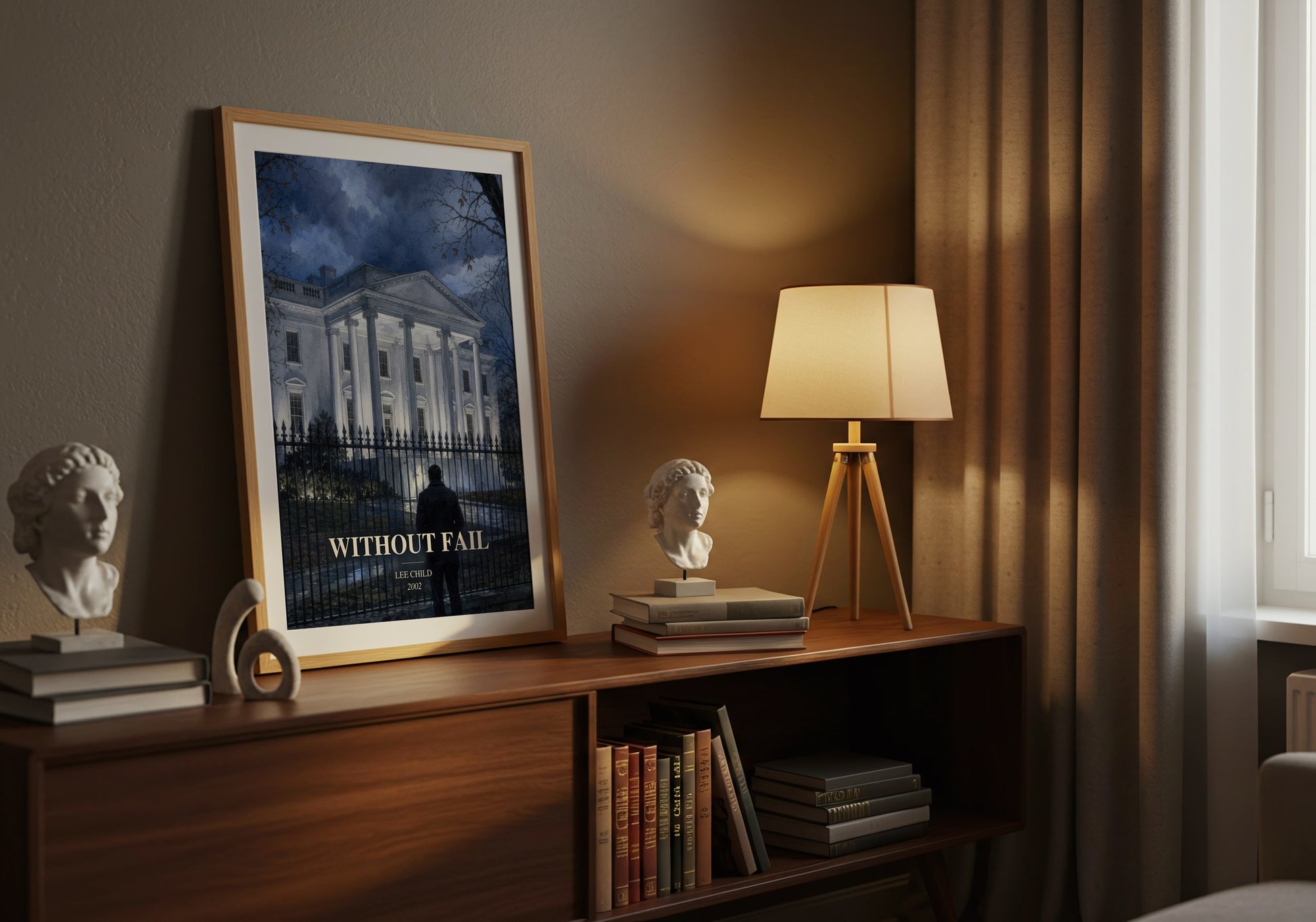 Without Fail watercolour print on bookshelf – Lee Child fan gift
