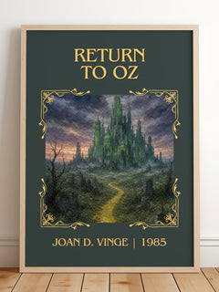 Return to Oz Classic Book Art Print by Joan D. Vinge – framed print leaning on a wooden floor