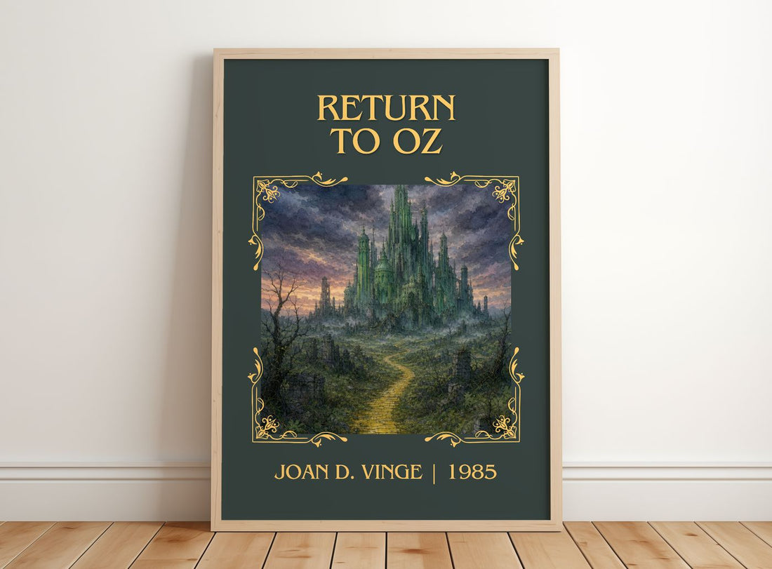 Return to Oz Classic Book Art Print by Joan D. Vinge – framed print leaning on a wooden floor