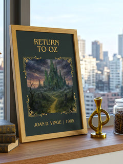 Return to Oz Classic Book Art Print by Joan D. Vinge – framed print on a city-view windowsill