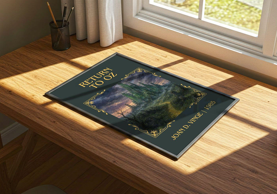 Return to Oz Classic Book Art Print by Joan D. Vinge – print on a sunlit desk