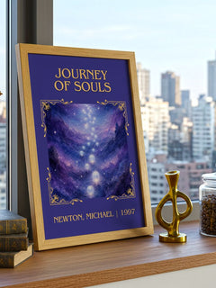 Journey of souls Classic Book Art Print by Newton, Michael – framed print on a city-view windowsill