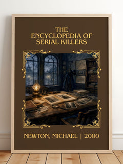 encyclopedia of serial killers Classic Book Art Print by N. Michael – framed print leaning on a wooden floor