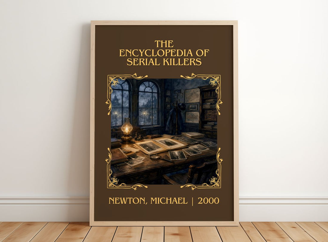 encyclopedia of serial killers Classic Book Art Print by N. Michael – framed print leaning on a wooden floor