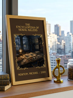 encyclopedia of serial killers Classic Book Art Print by N. Michael – framed print on a city-view windowsill