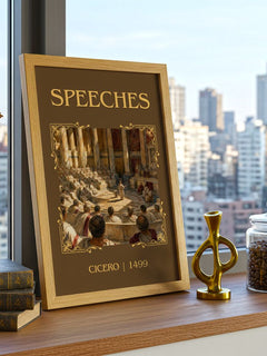 Speeches Classic Book Art Print by Cicero – framed print on a city-view windowsill