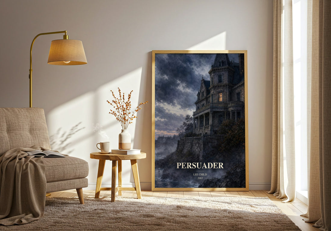 Persuader watercolour print in frame leaning in hallway – thriller wall art (mockup)