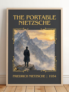 The portable Nietzsche Classic Book Art Print by Friedrich Nietzsche – framed print leaning on a wooden floor